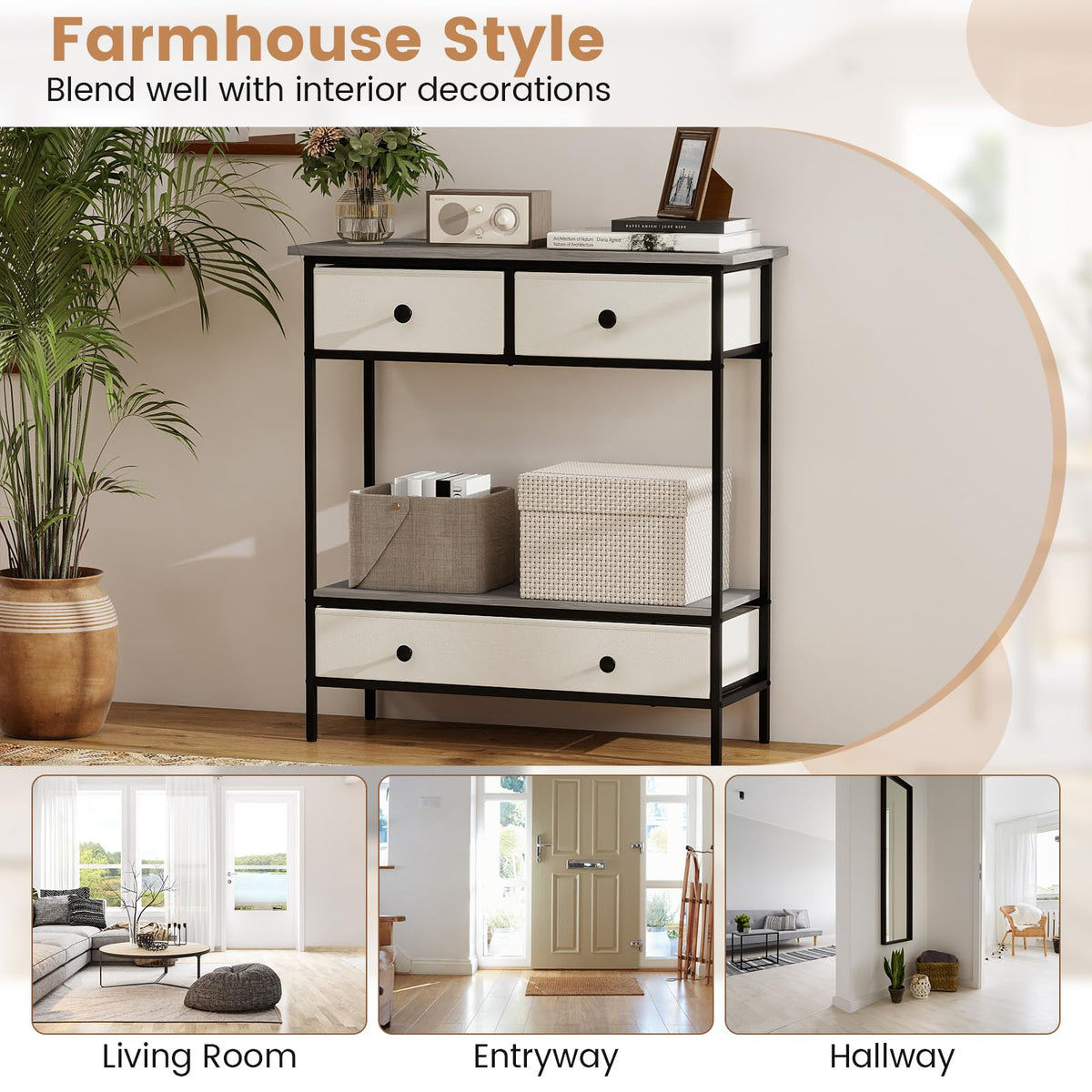 Console Table with Drawers Industrial Entryway Table with Open Storage Shelf