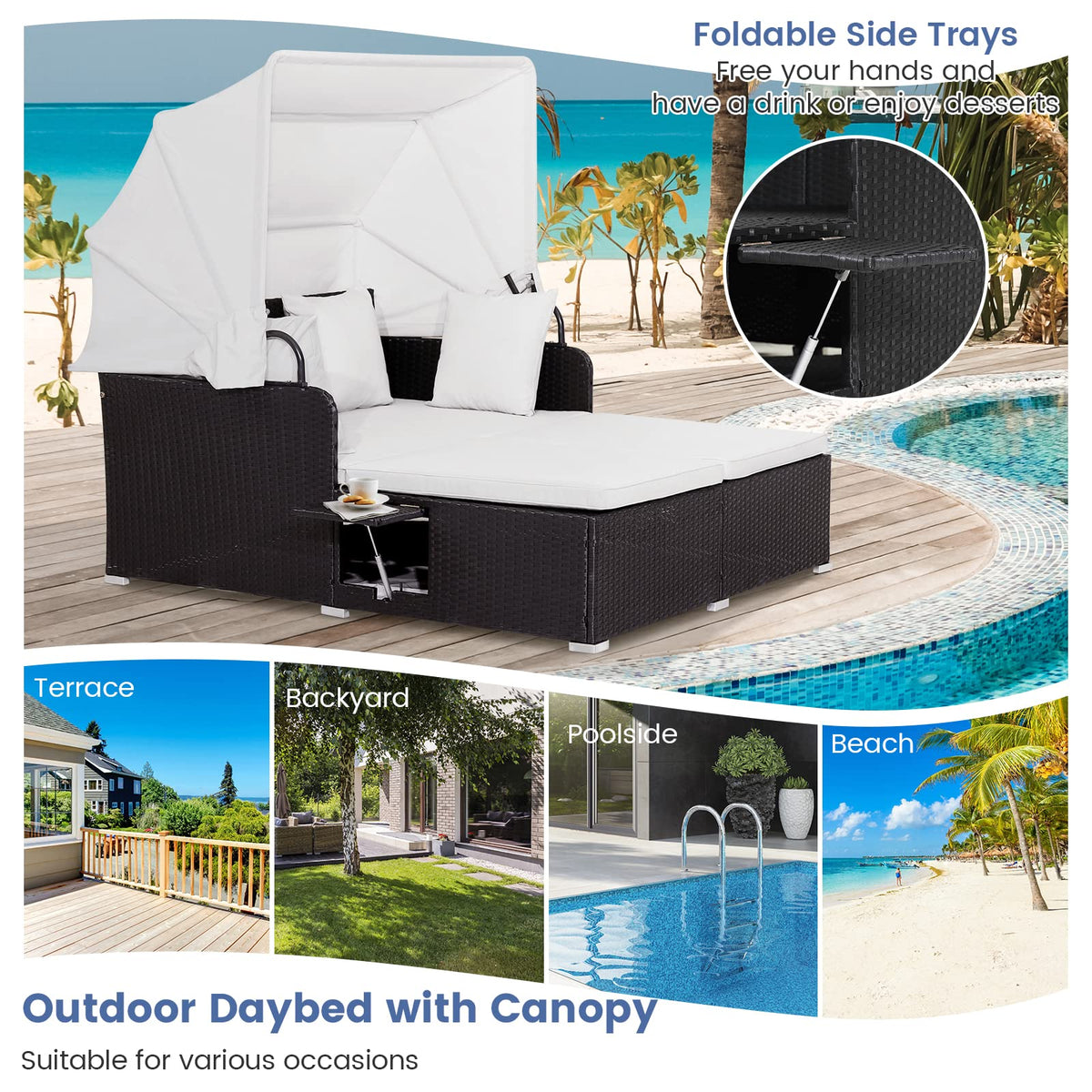 Outdoor Rattan Daybed W/Retractable Canopy, Washable Cushion & Pillow