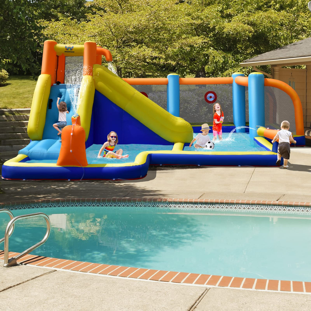 Inflatable Water Slide, 7-in-1 Long Slide Giant Water Park Wet Dry Combo with Water Soccer Splash Pool (with 680W Blower)