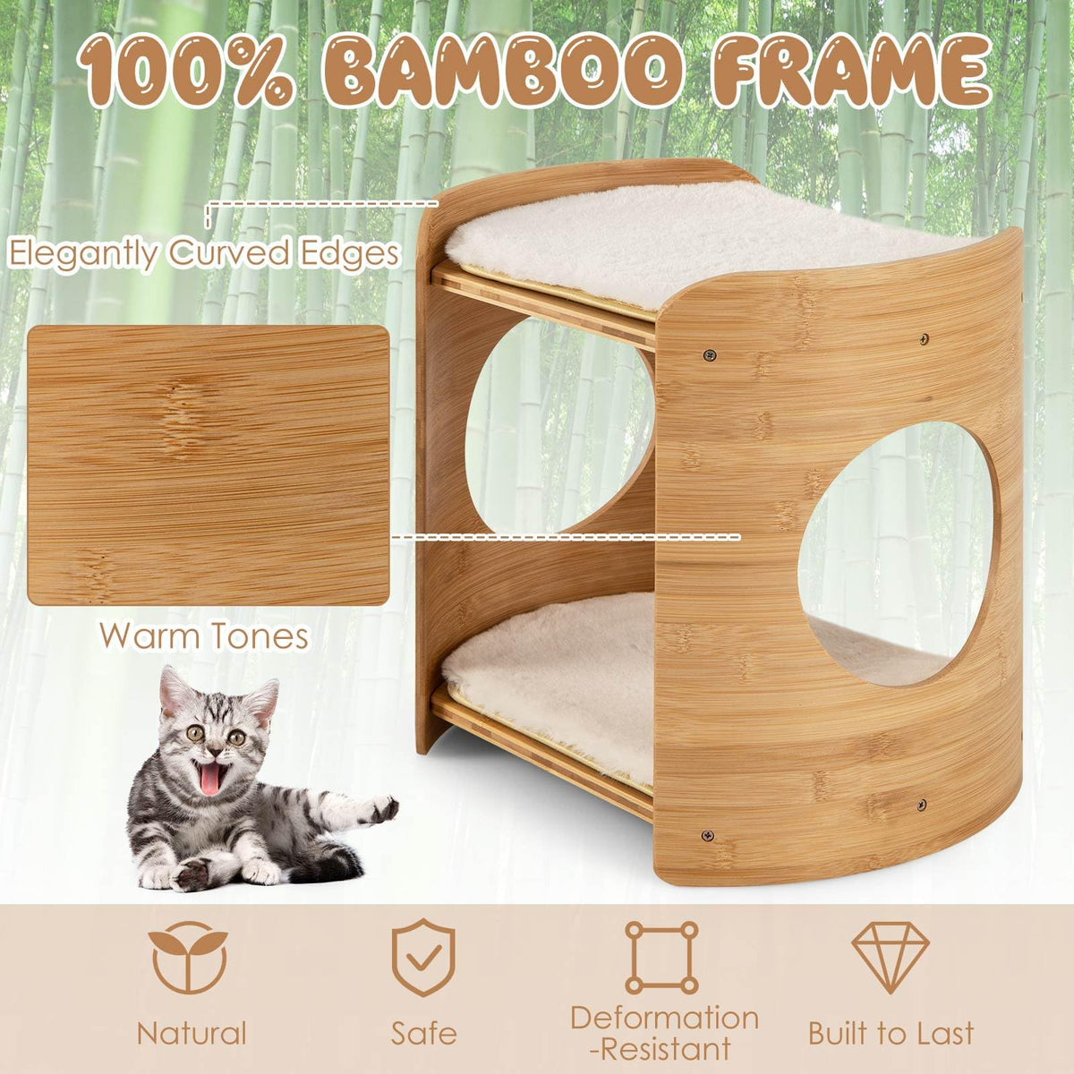 Cute Bamboo Cat Tree with Double Beds and Removable Cushions