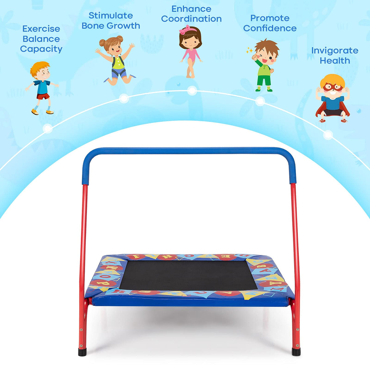 36” Square Toddler Trampoline, 150kg Load Mini Kids Trampoline W/Foam Covered Handle & Safety Padded Cover