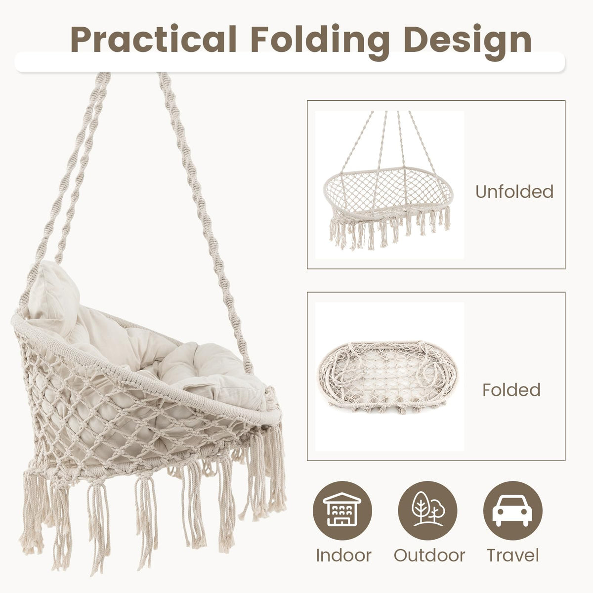 Hand-Woven Rope Hanging Swing Chair with Thick Cushion and Folding Metal Frame