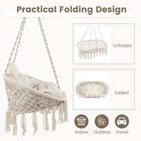 Hand-Woven Rope Hanging Swing Chair with Thick Cushion and Folding Metal Frame