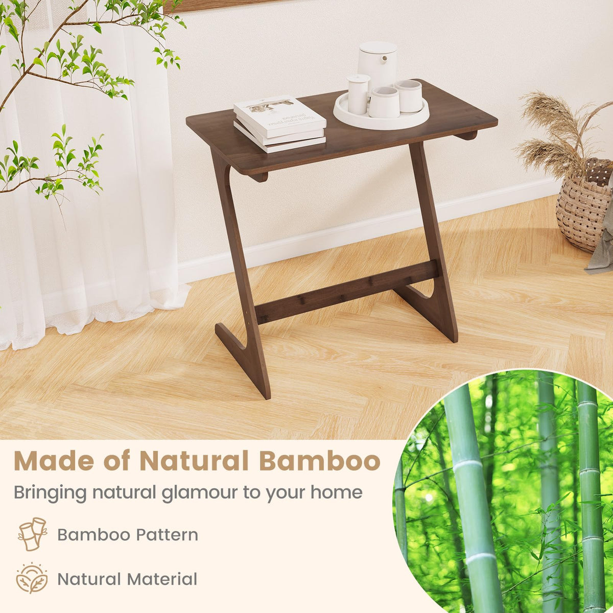 Giantex Bamboo Sofa Side Table, Z-Shaped End Table W/Spacious Tabletop