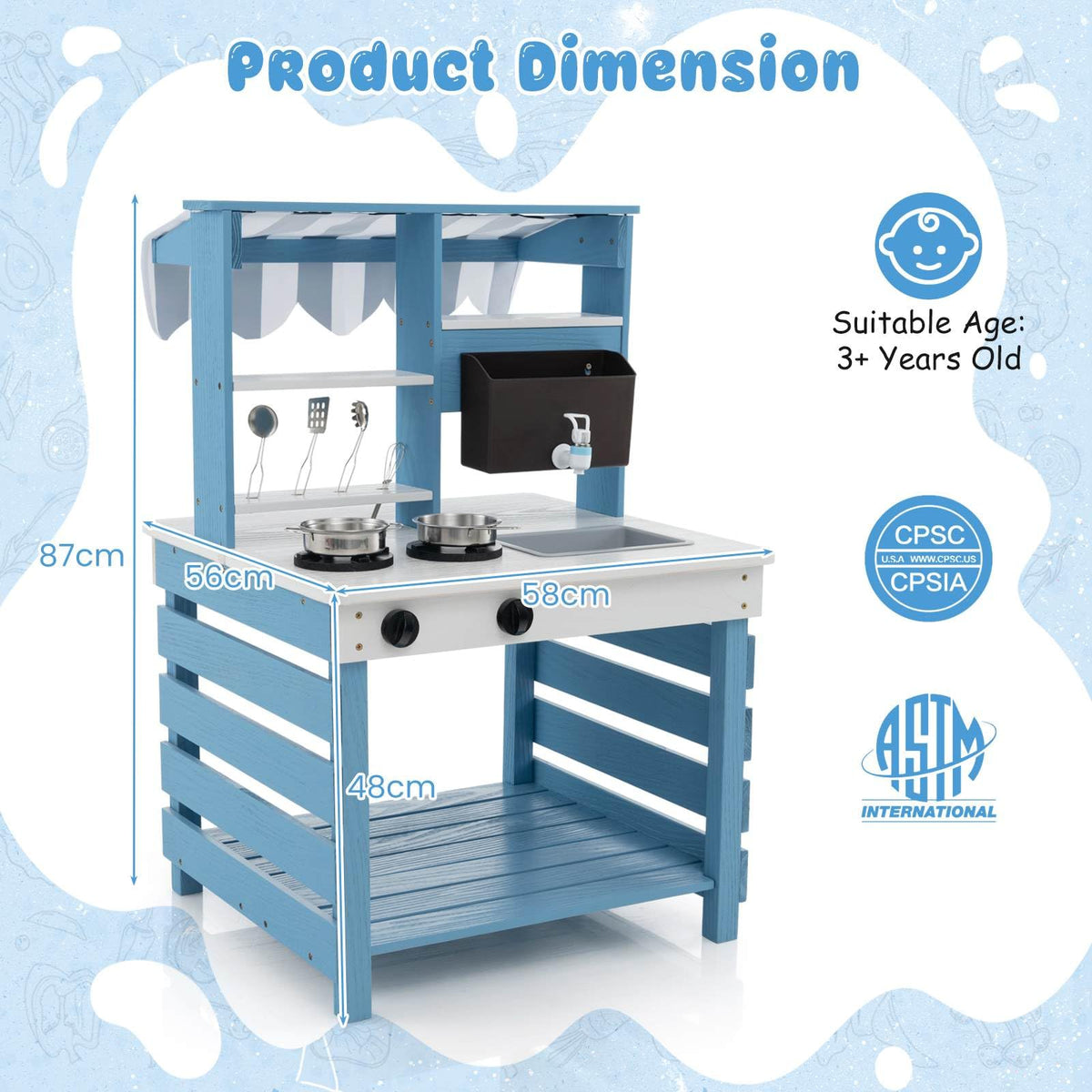 2-In-1 Wooden Mud Kitchen Double-Sided Kids Kitchen Playset with Canopy