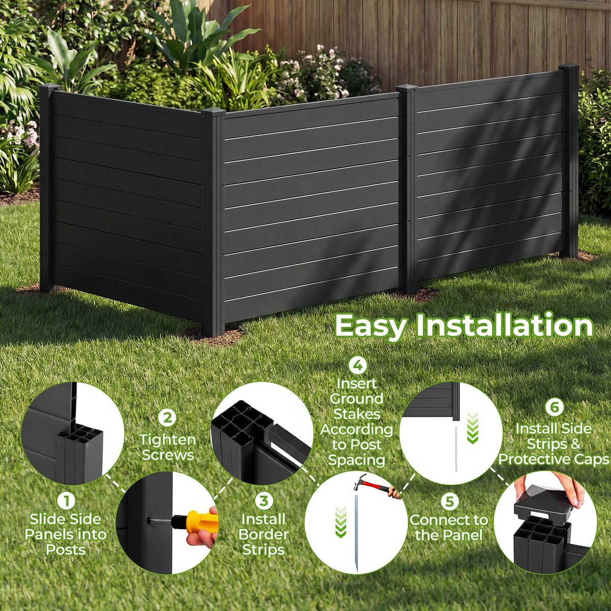 3-Panel AC Fence with Metal Stakes No Dig Enclosure for Patio