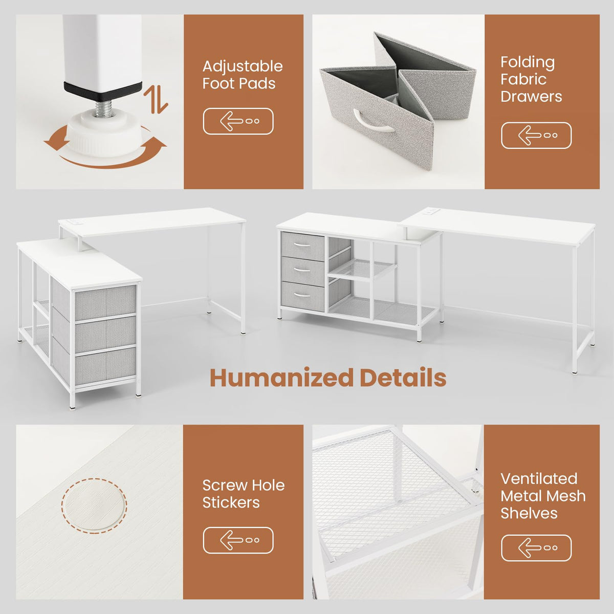 Giantex L-Shaped Computer Desk with Power Outlet, Convertible Corner Desk with 3 Fabric Drawers & Metal Mesh Shelves