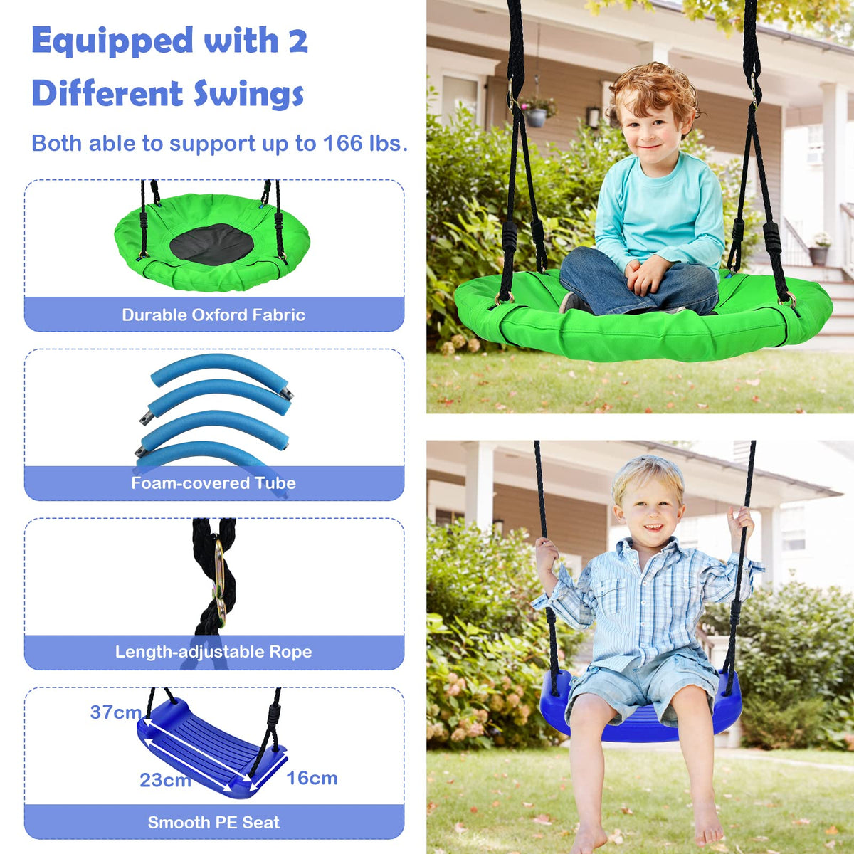 5-in-1 Outdoor Backyard Kids Swing Set with A-Shaped Metal Frame