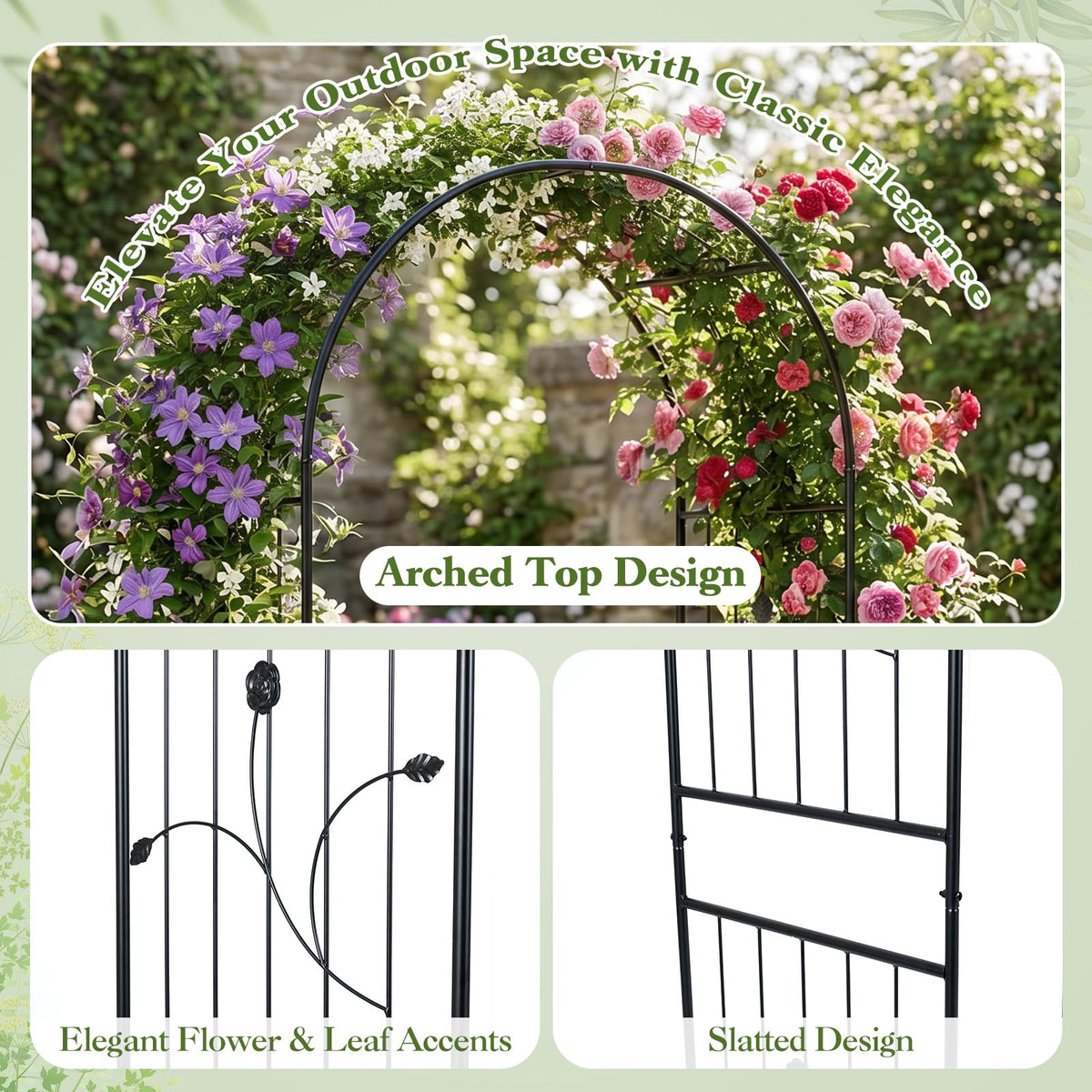 Garden Arch, 220cm Tall Heavy Duty Metal Arbor Trellis Archway for Climbing Plants, Roses