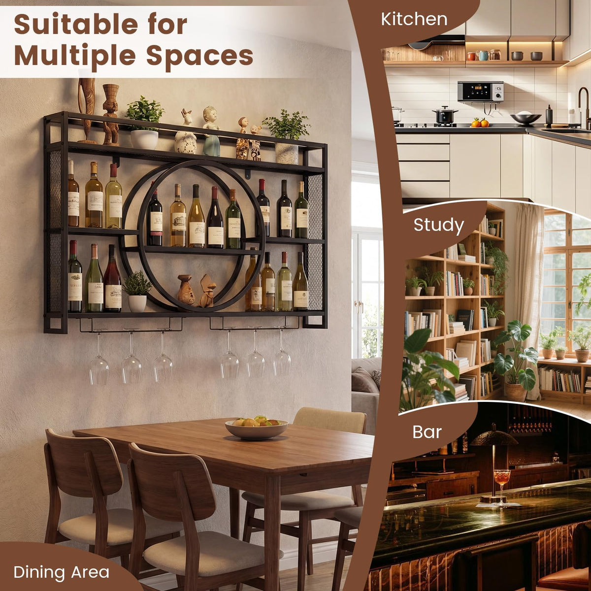 3-Tier Wall Mounted Wine Rack with Glass Holder for Home Bar