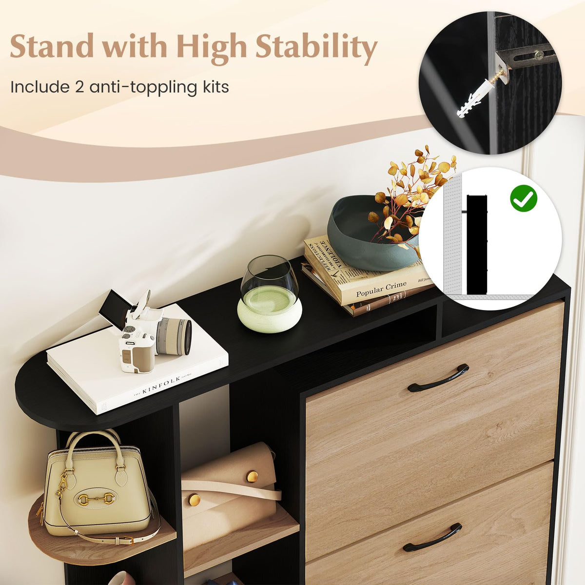 Shoe Storage Cabinet Freestanding Shoe Organizer with 3 Flip Drawers