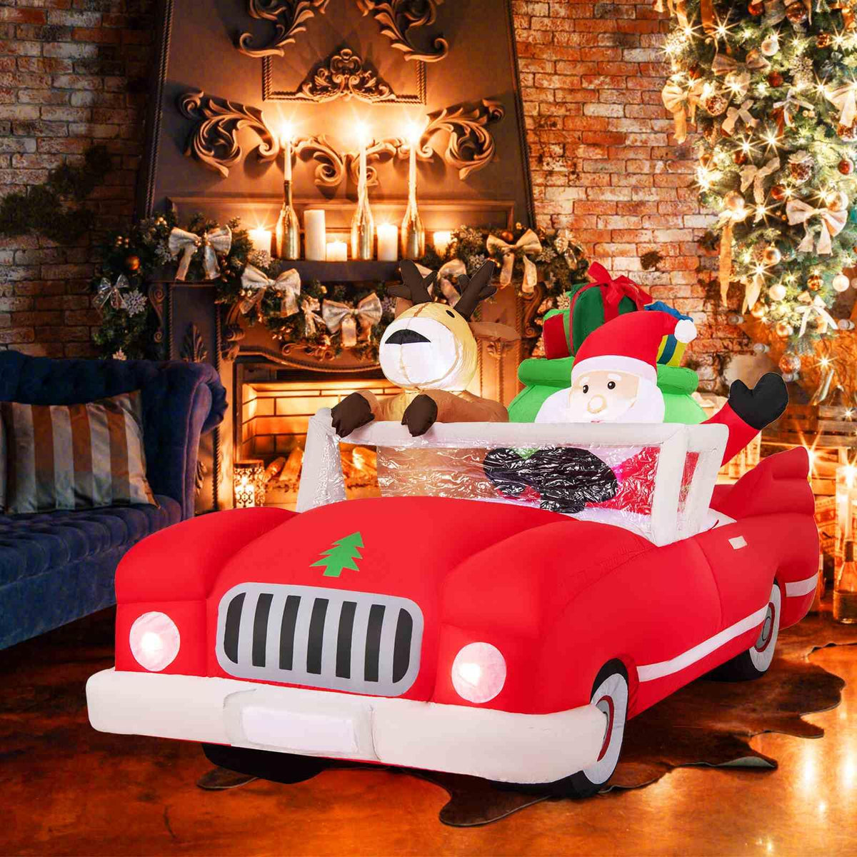 2.35M Long Christmas Inflatable Santa Claus and Reindeer Riding Red Car with Gift Bag