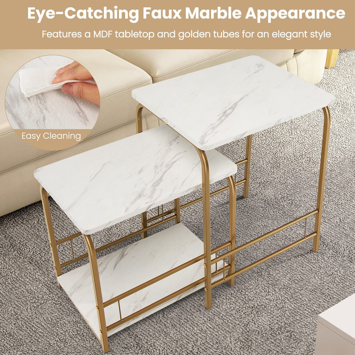 Giantex Set of 2 End Tables Nesting Coffee Side Table w/Faux Marble Top Steel