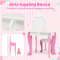 Kids Vanity Table & Stool Set, Wooden Princess Makeup Dressing Table with Detachable Top & Writing Desk