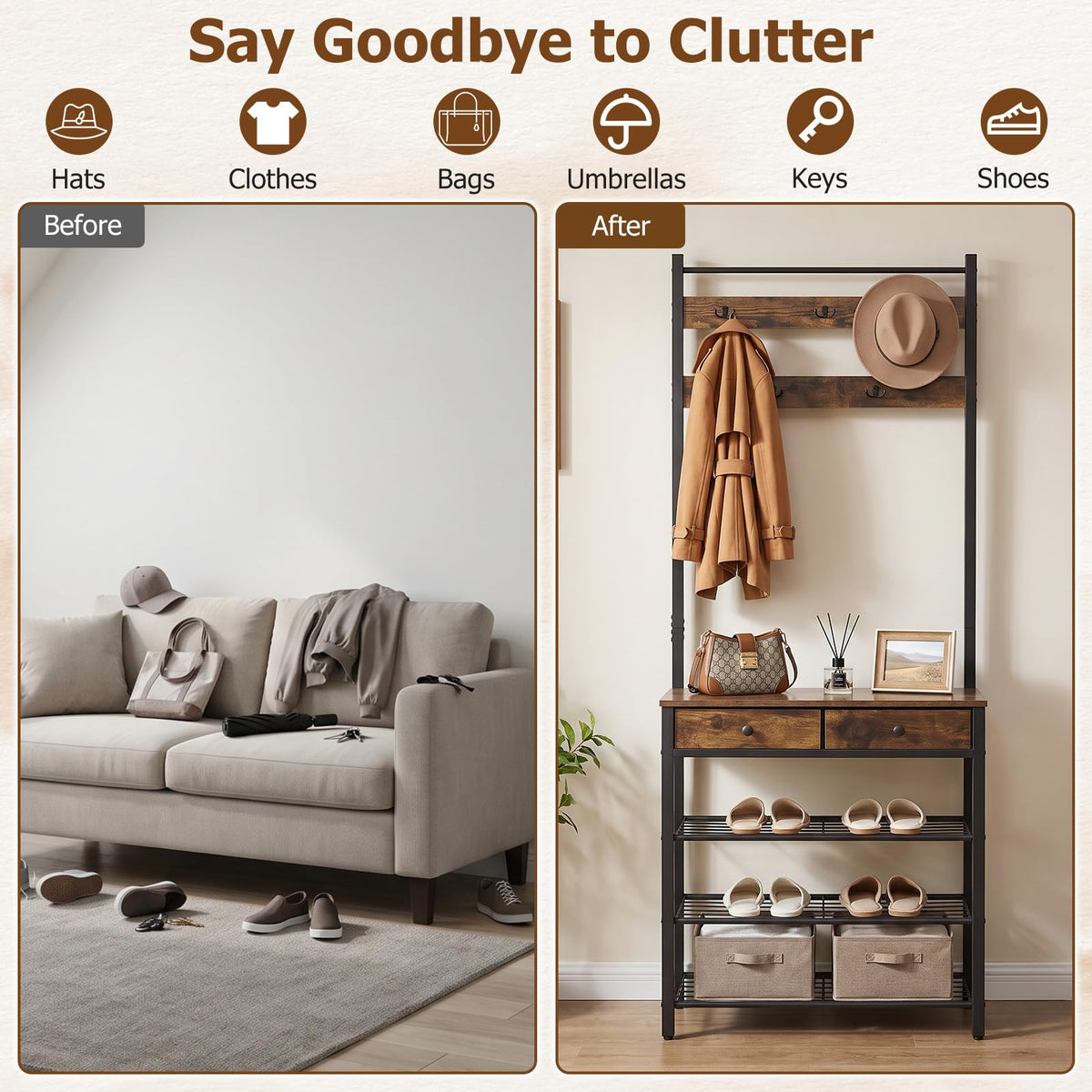 4-In-1 Hall Tree with Console Table and Shoe Rack