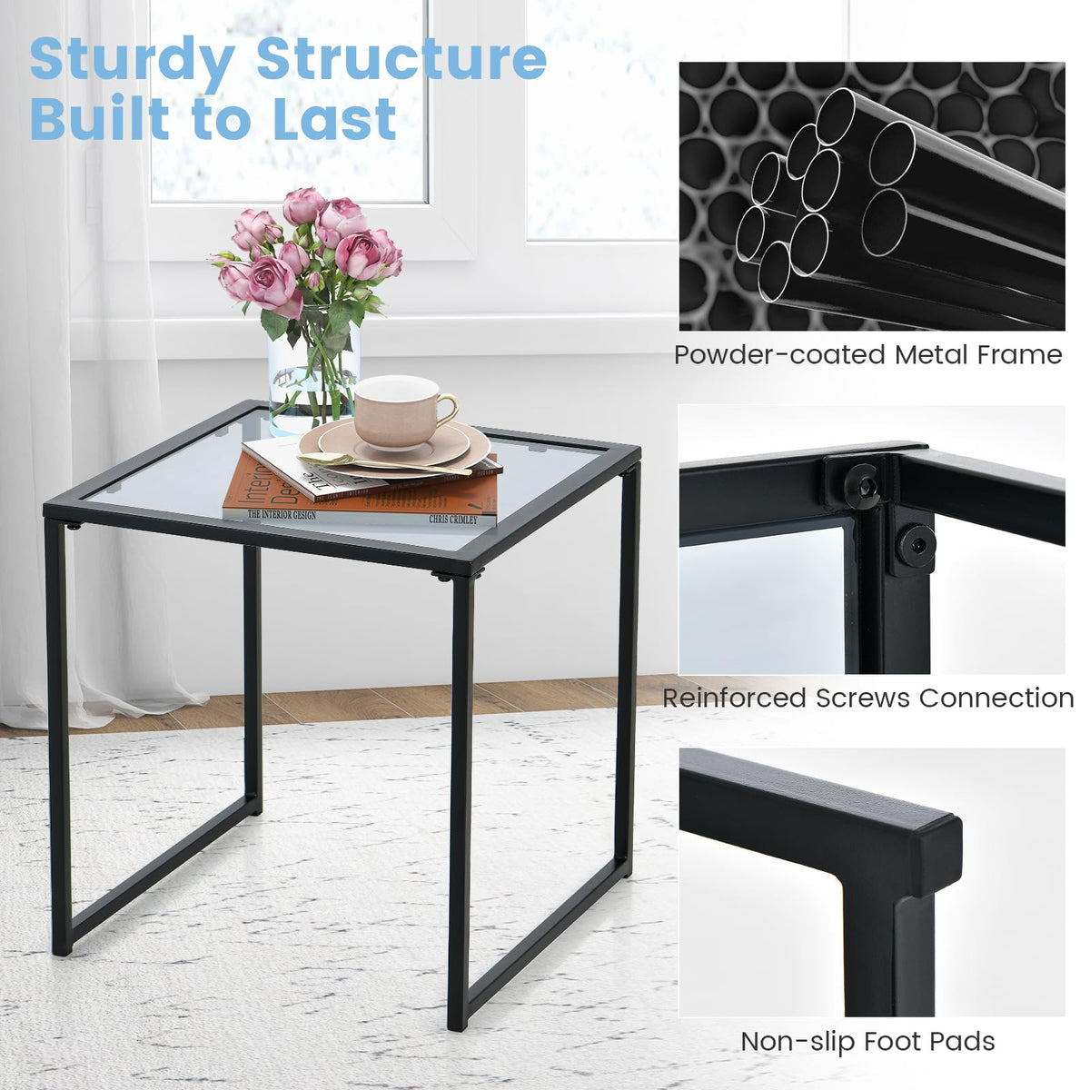 Patio Tempered Glass End Table with Metal Frame for Poolside