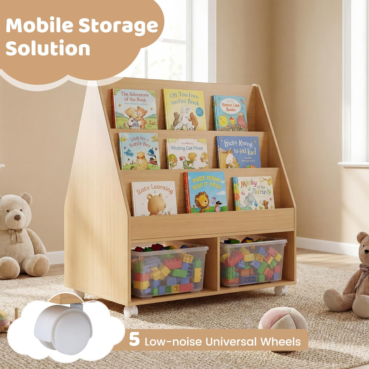 Double-Sided Kids Bookshelf on Wheels with Chalkboard and Open Cubes