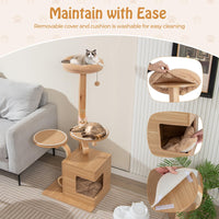 Wooden Cat Tree, 1.3 M Tall Cat Tower w/Cat Condo, Plush Top Perch