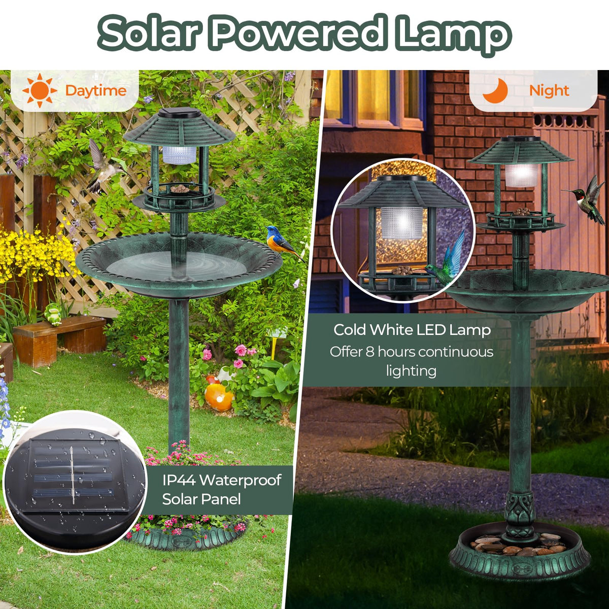 3-in-1 Outdoor Solar Lighted Bird Bath with Flower Planter Base