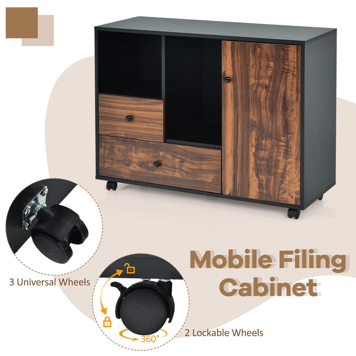 Giantex Retro Mobile Filing Storage Cabinet, Rolling Printer Stand Organizer, Wood Lateral File Organizer