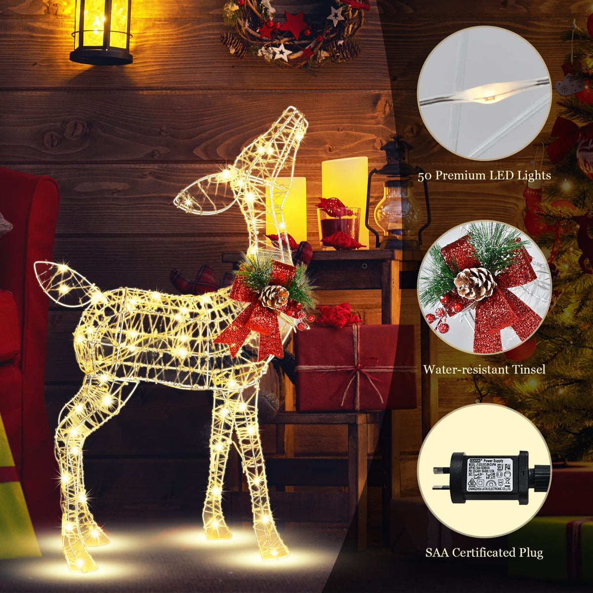 Pre-lit Christmas Holiday Reindeer, Small Yard Reindeer Decoration W/ 50 LED Lights& 4 Ground Stakes