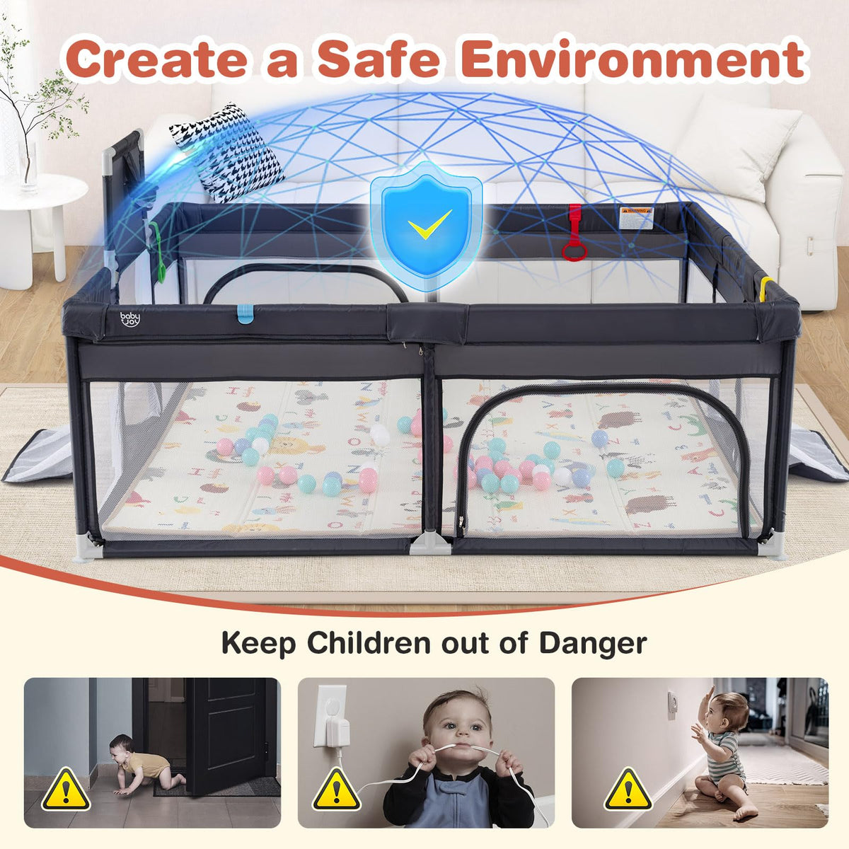 185×155 cm Large Baby Playpen Playard with Basketball Hoop and Soccer Gates