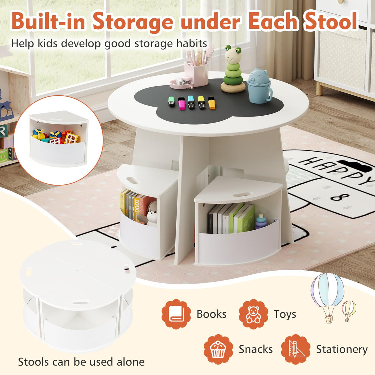 5 PCS Kids Table and Chair Set with 4 Storage Stools and Blackboard