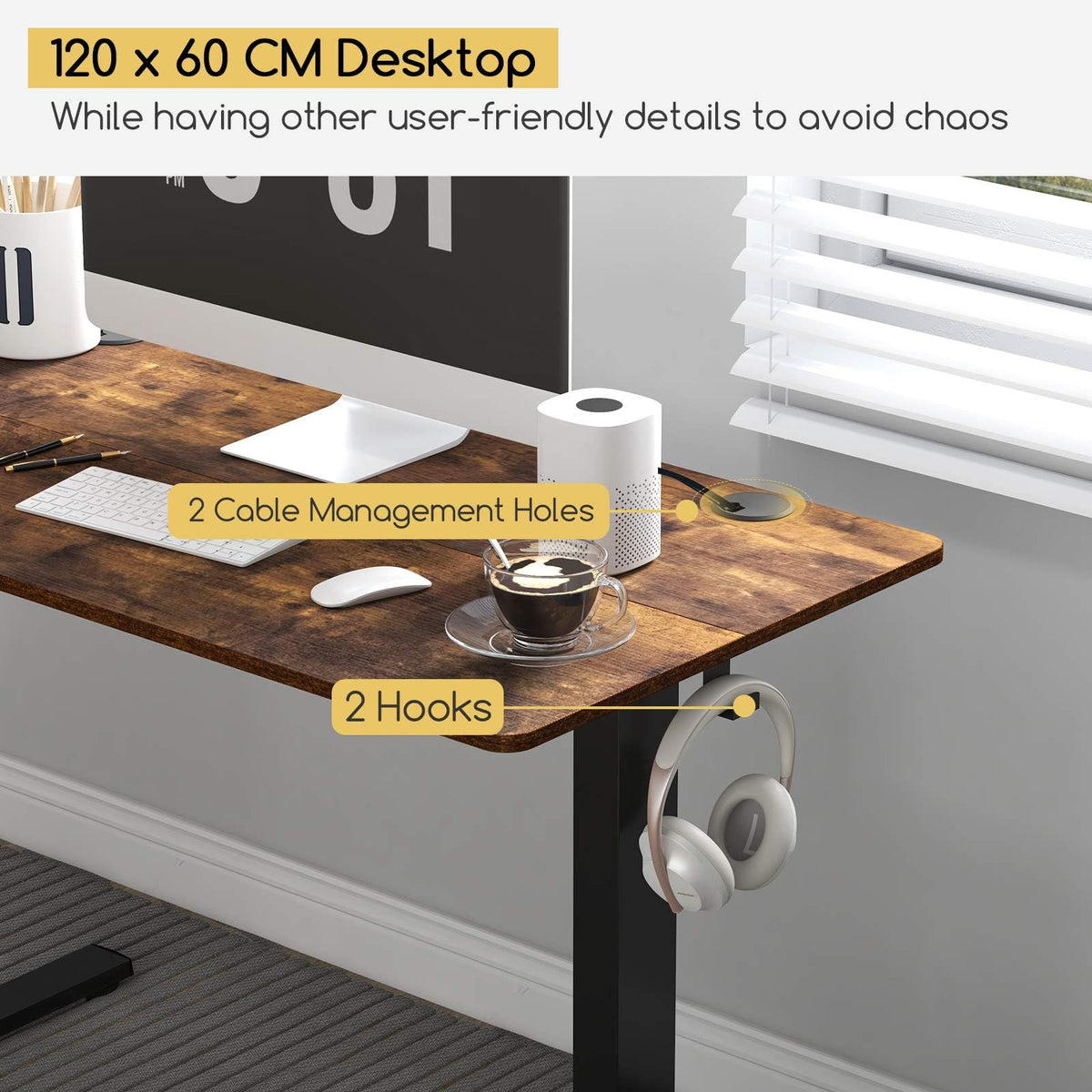 Electric Standing Desk with 3 Memory Height Settings and 2 Hanging Hook