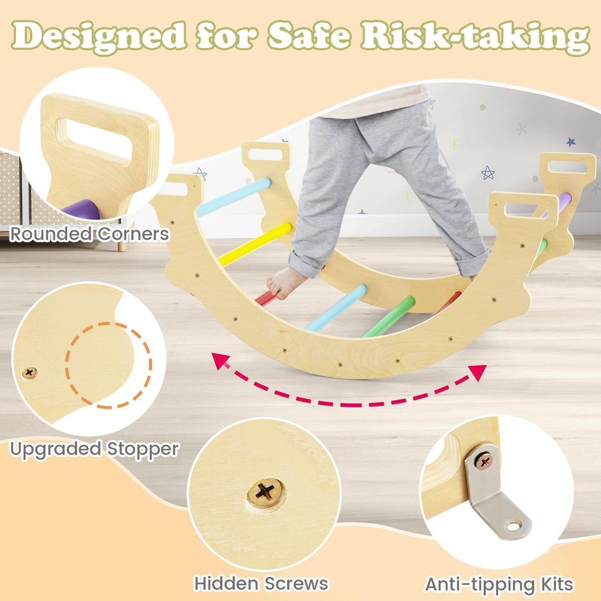 4-In-1 Wooden Kids Climber Arch Rocker with Cushion Montessori Toy