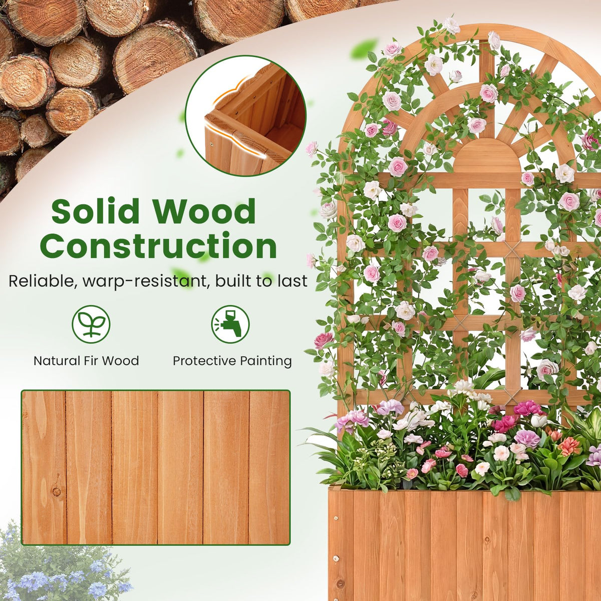 Wooden Raised Garden Bed with Trellis, 121/182 cm Outdoor Planter Box w/Privacy Screen
