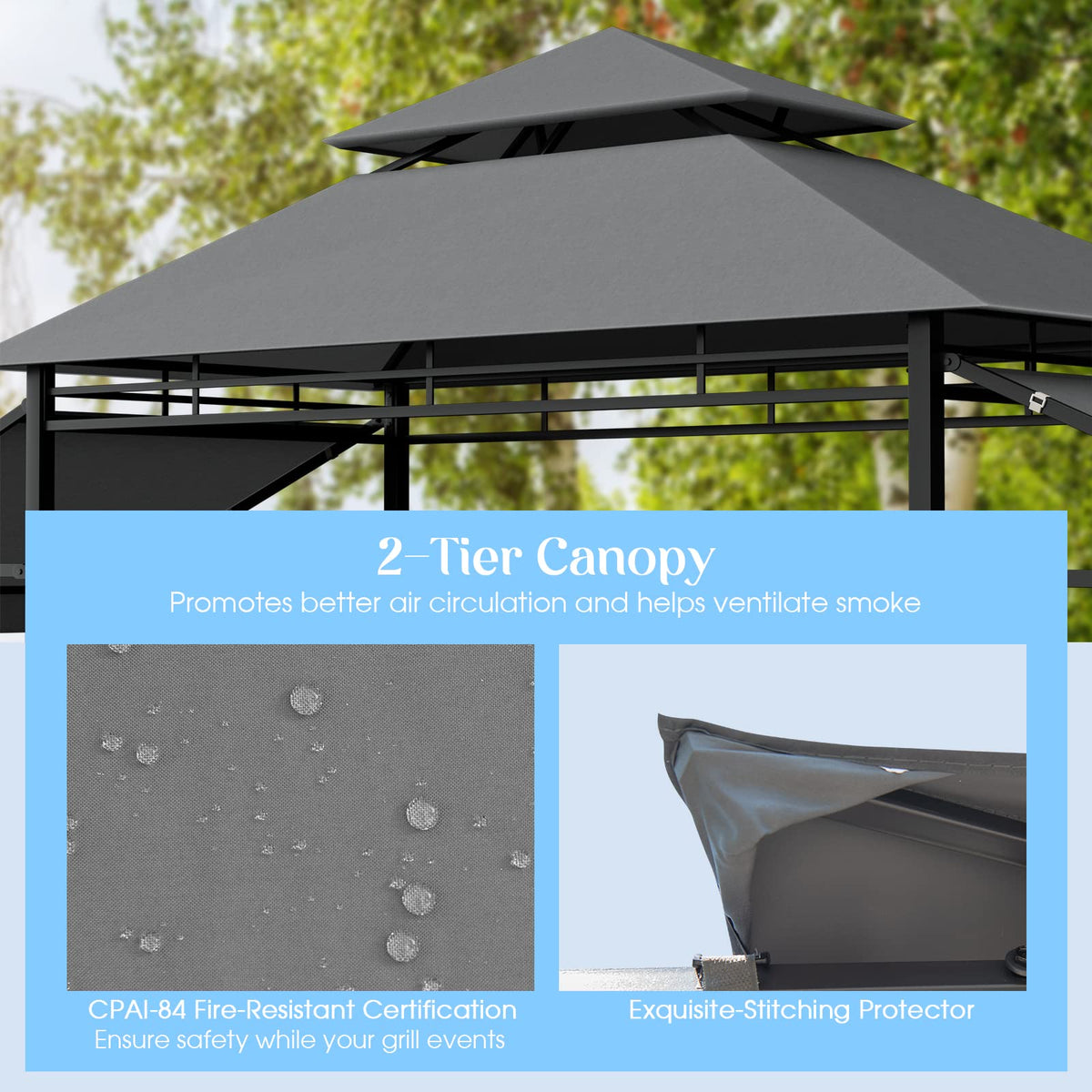 413 x 122cm Outdoor BBQ Grill Gazebo W/Dual Side Awnings, 2 Side Shelves, 8 Stakes Double-Tiered