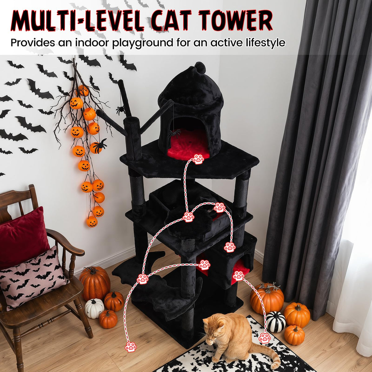 153cm Gothic Cat Tree for Indoor Cats with Castle House and Spider Hanging Balls