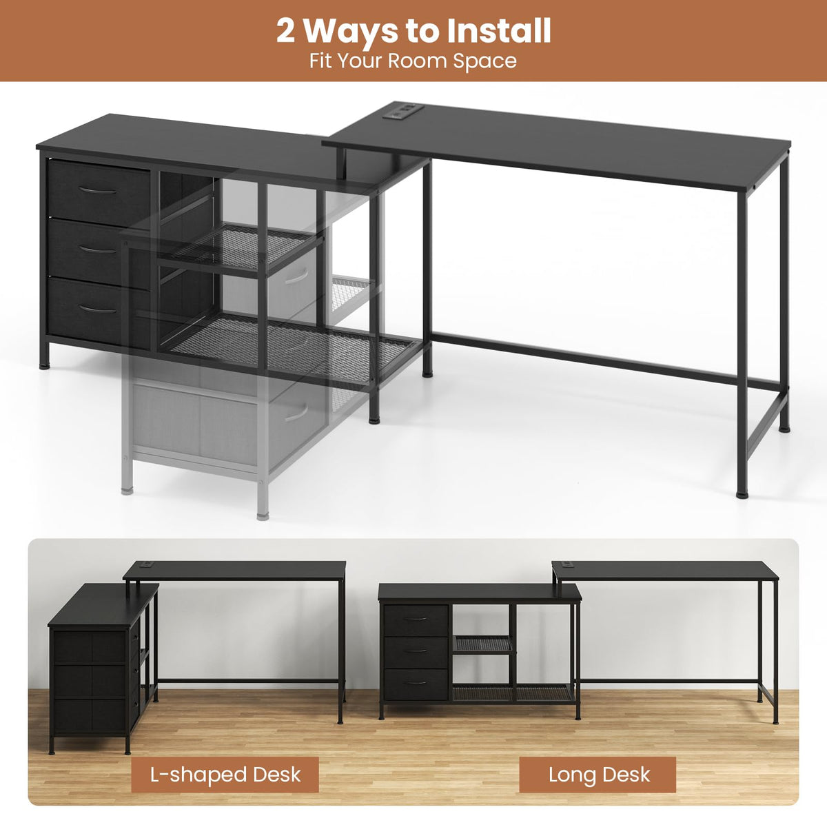 Giantex L-Shaped Computer Desk with Power Outlet, Convertible Corner Desk with 3 Fabric Drawers & Metal Mesh Shelves