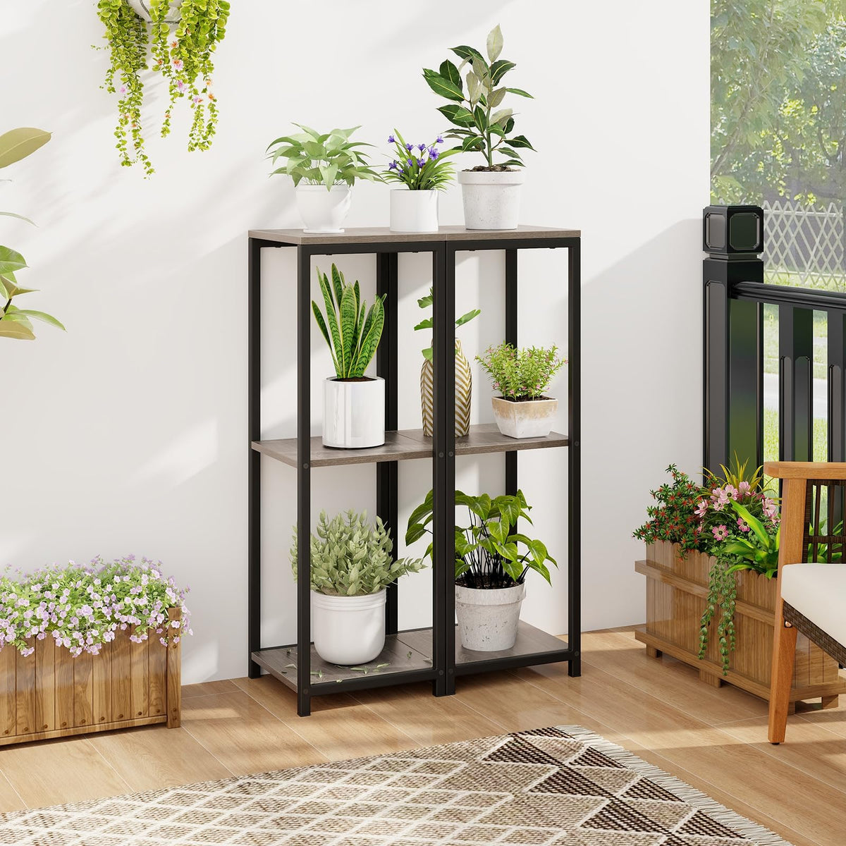 3 Tier Tall Metal Plant Stand with Anti-tipping Device for Balcony Living Room Office