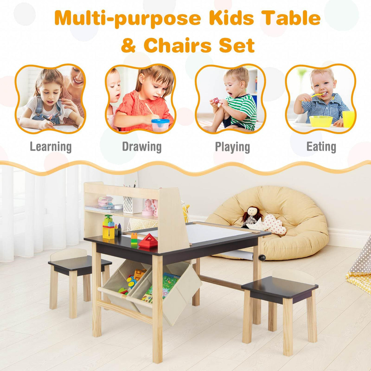 Kid's Wooden Art Table and 2 Chairs Set wiht 2-Tier Open Shelf