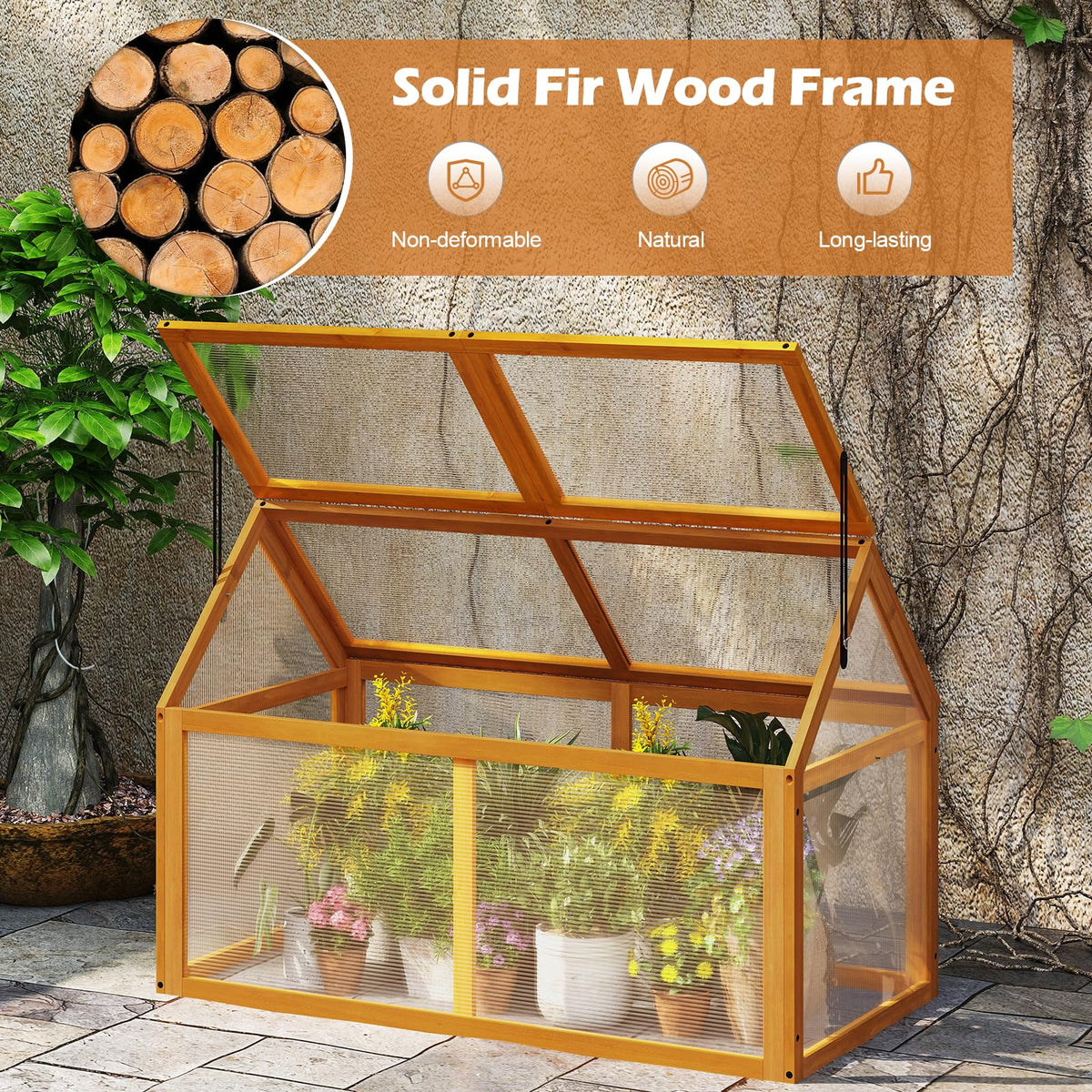 Wood Cold Frame Greenhouse, Portable Raised Flower Planter Protection with Transparent Panels