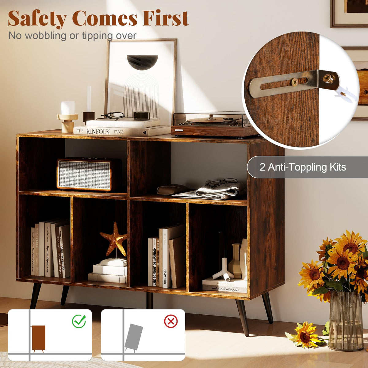 3-Tier Record Player Stand with Vinyl Storage Shelves and 5 Metal Legs for Living Room