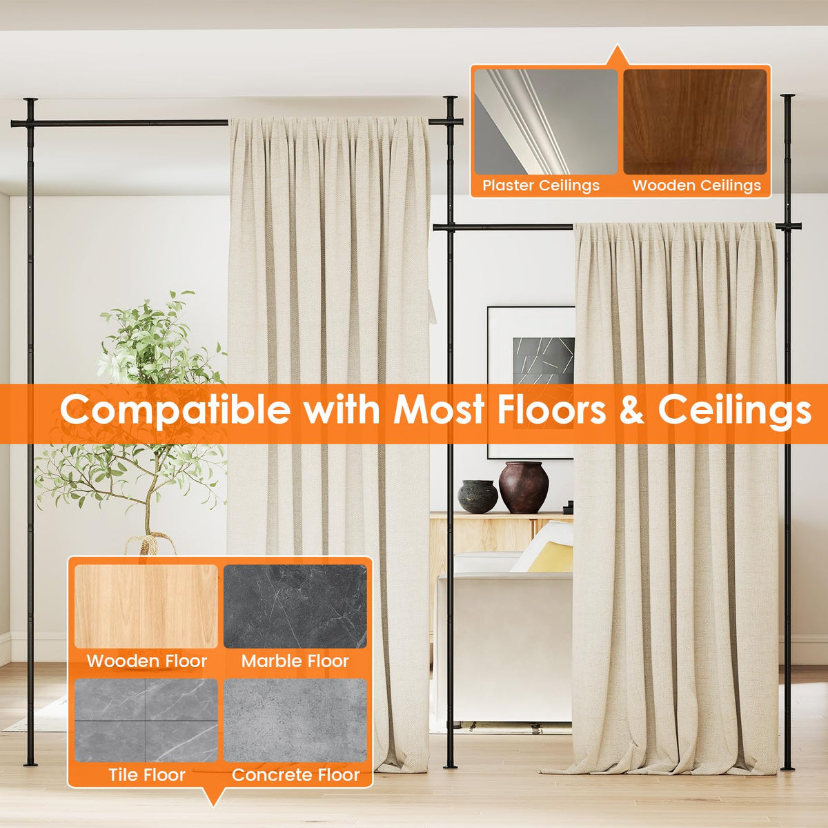 Room Divider Curtain Rod with Adjustable Floor for Apartment and Bedroom