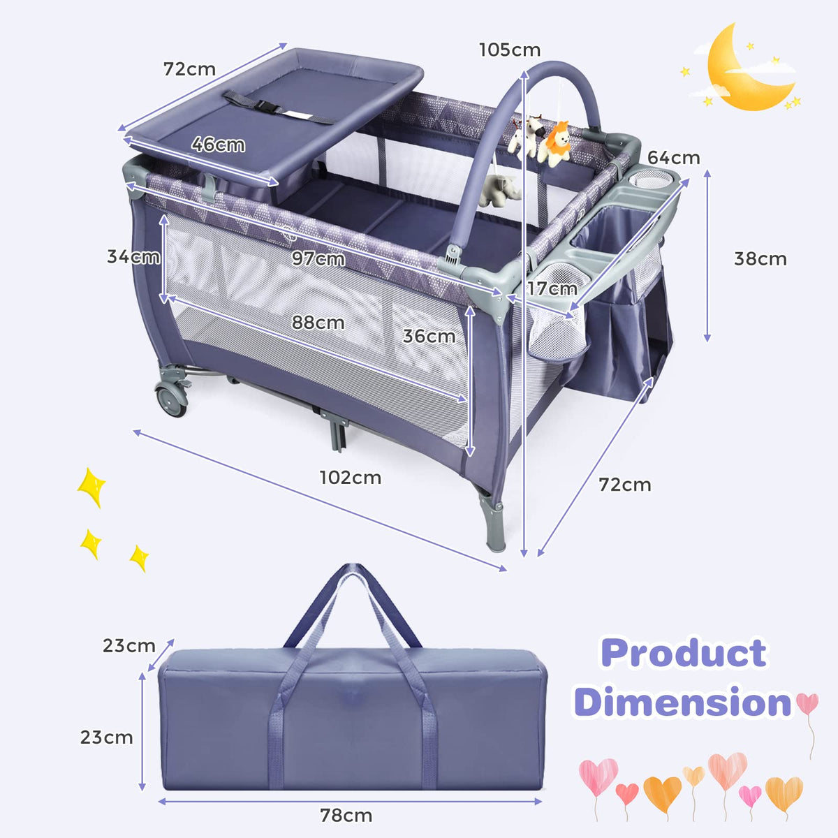 Portable Baby Bassinet, 3 in 1 Baby Travel Cot Activity Center with Changing Table
