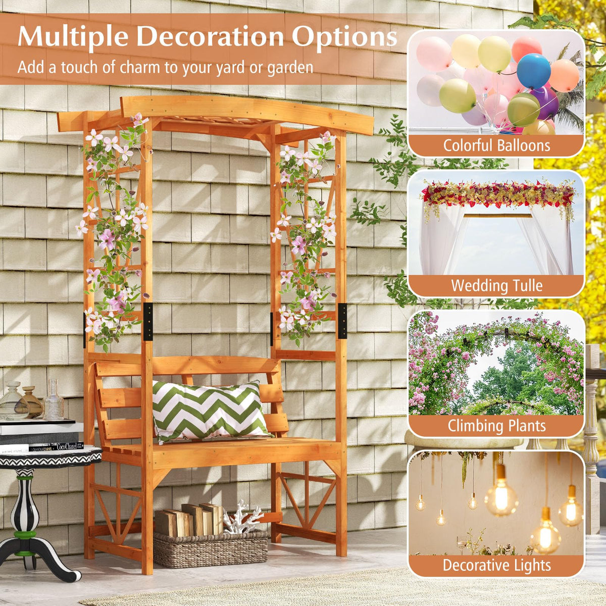 Giantex Garden Arbor with Bench - Wooden Garden Arch Trellis for Climbing Plants Vines