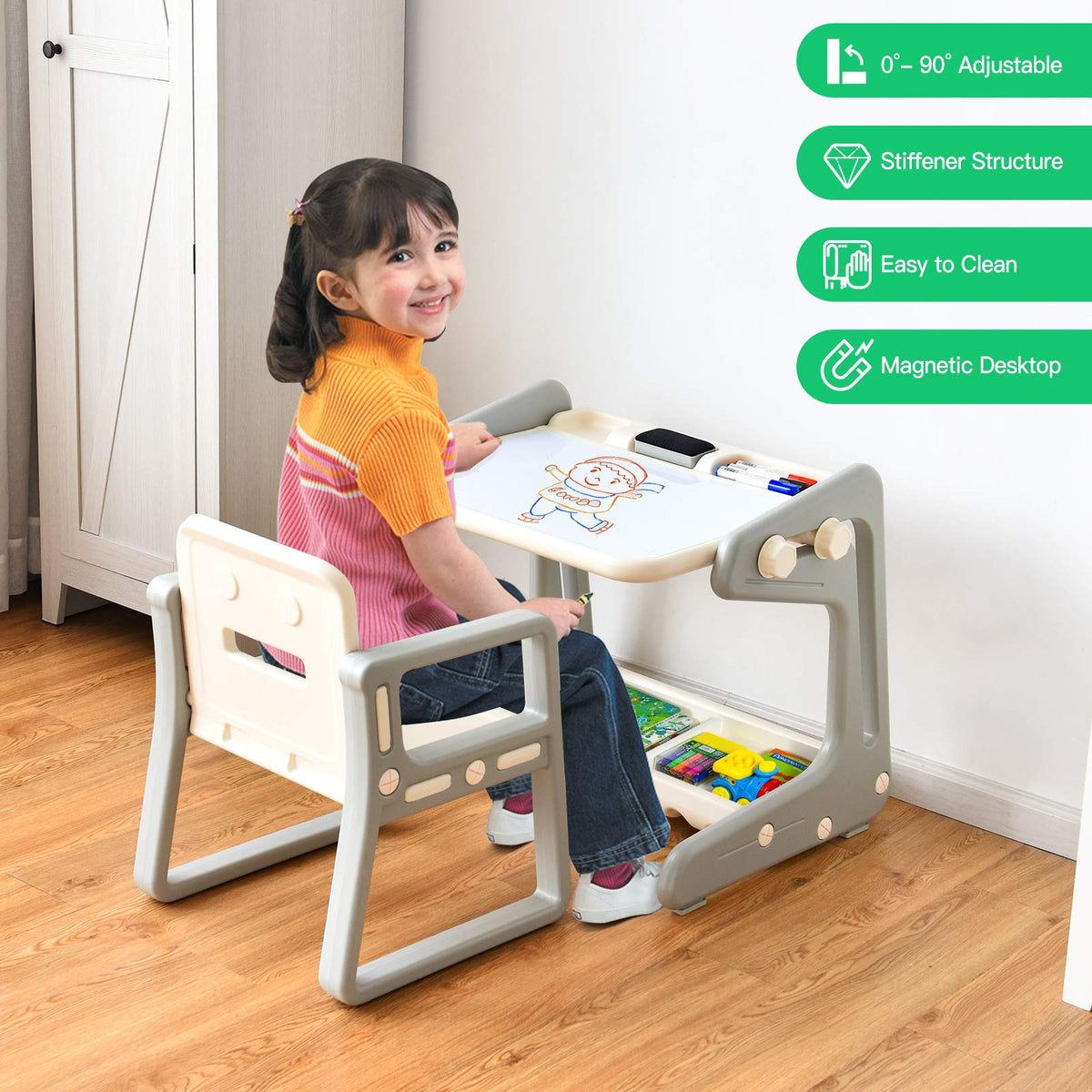 Kids Table & Chair, 2 in 1 Toddler Art Easel w/Adjustable Painting Board