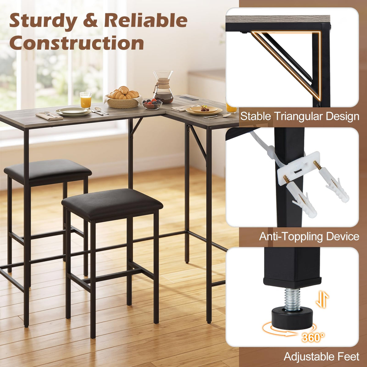 Giantex 3-Piece Bar Table & Chair Set, Convertible L-Shaped Table