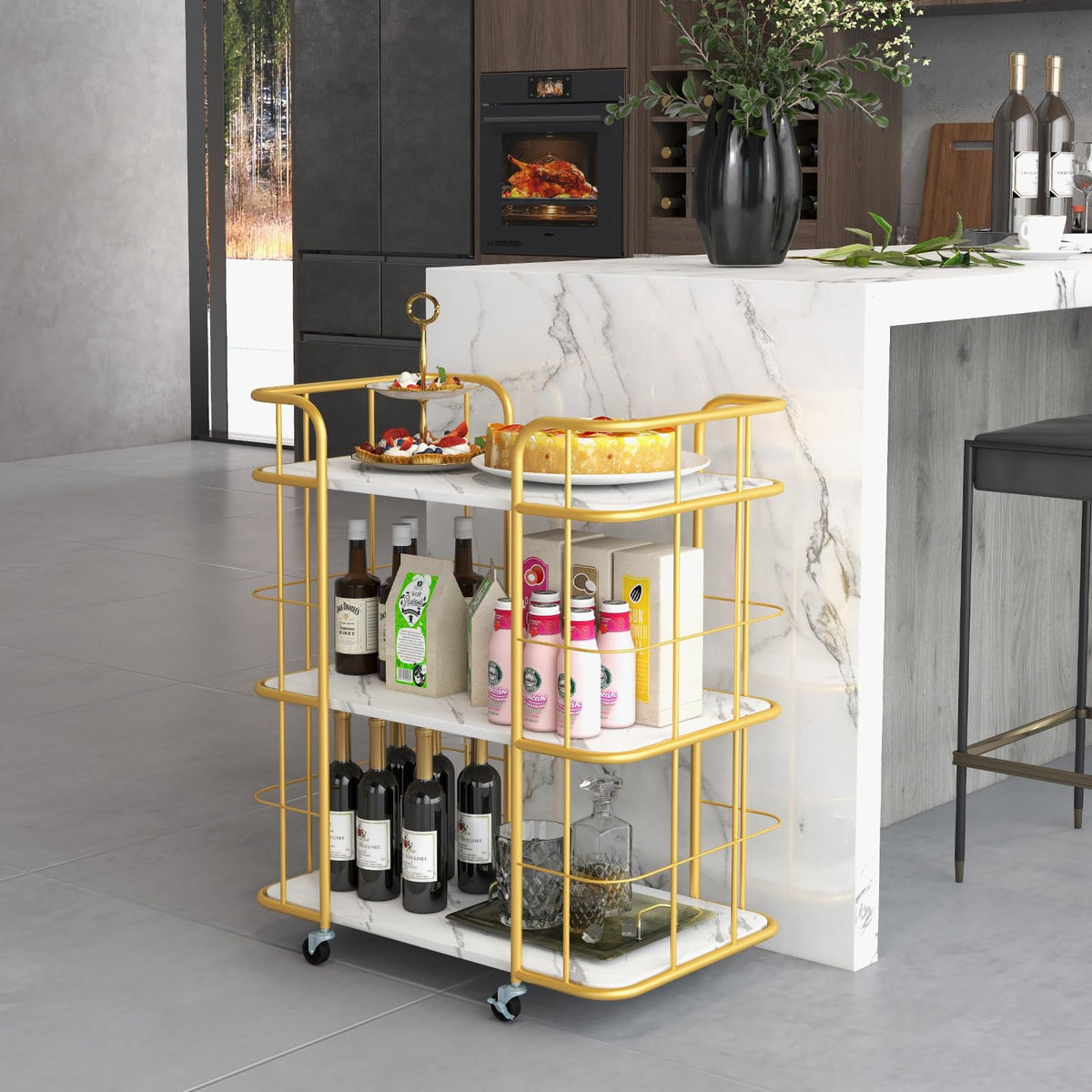 Giantex Gold Bar Cart, Home Island Service Cart, 3 Tier Storage Shelves