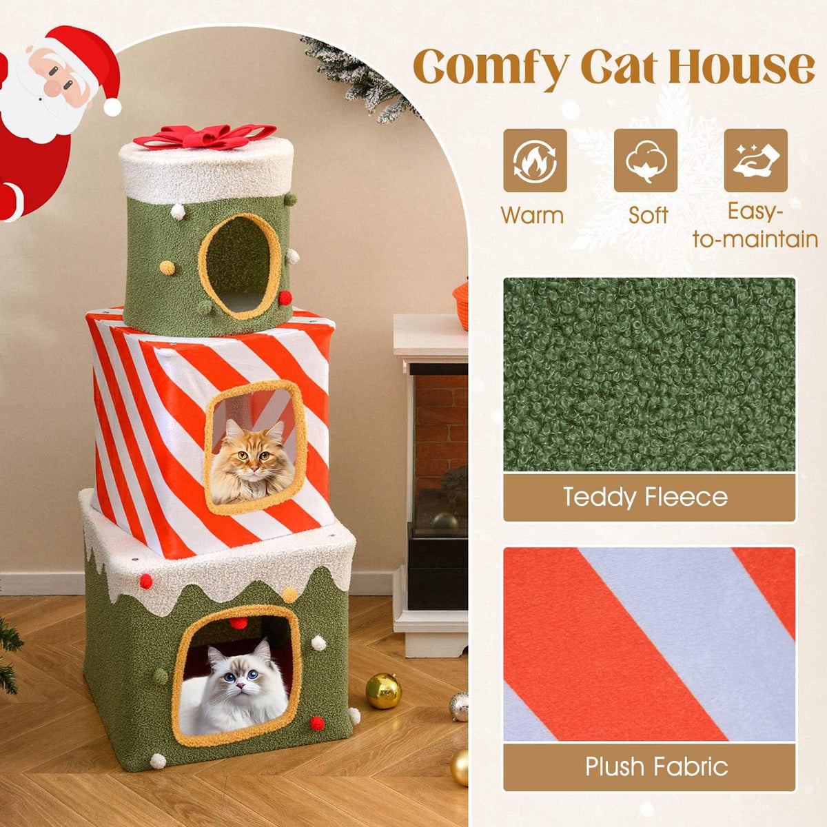 120 cm Christmas Cat Tree Stackable with 3 Condos and Dangling Ball