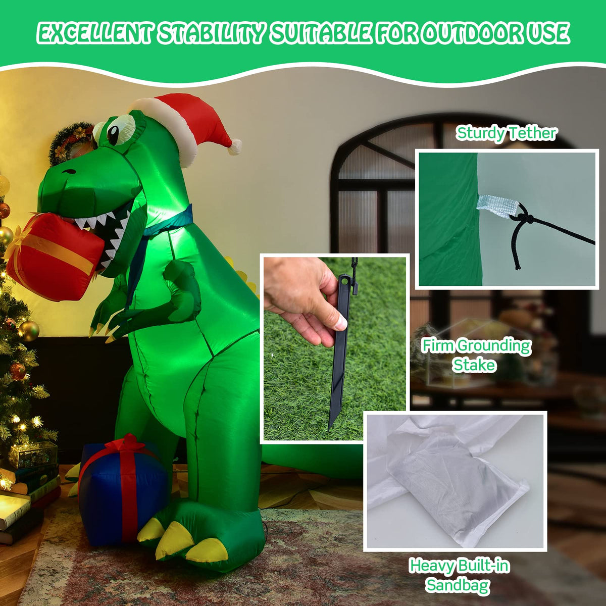 180 CM Christmas Inflatable Dinosaur with LED Lights for Yard & Deck