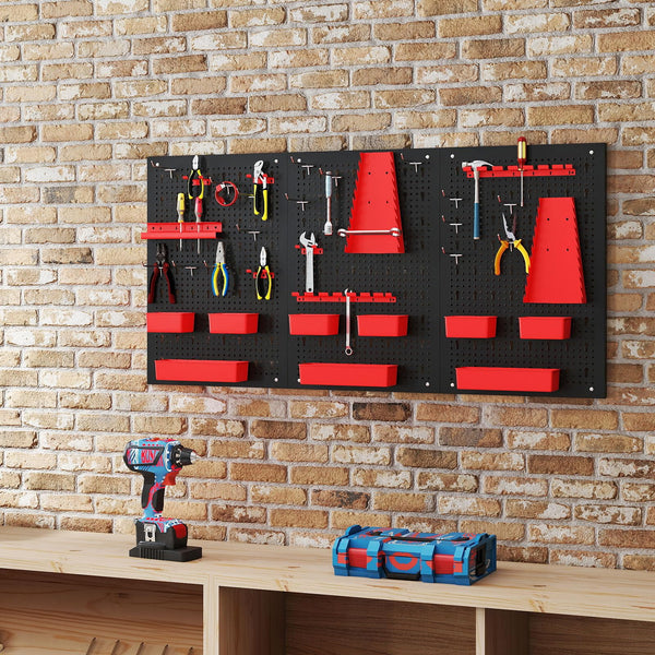9-Bin Parts Rack Organizer with Tool Holders and Hooks