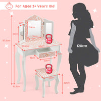 Kids Vanity Set with Tri-folding Mirror, Drawer and Stool