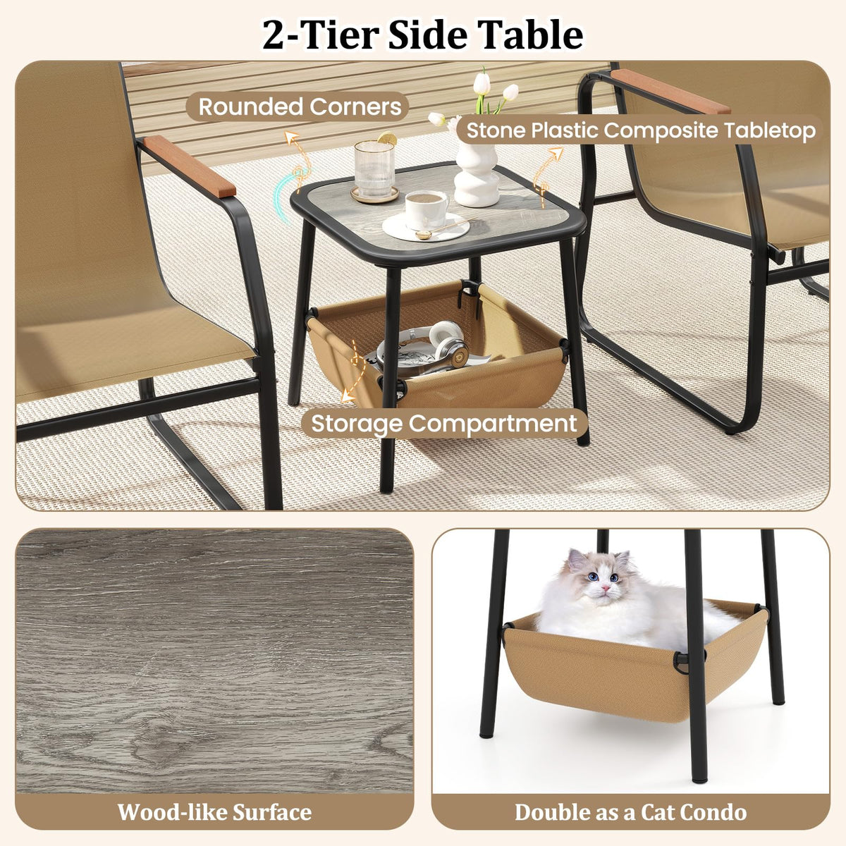 3-Piece Bistro Set, Patio Chairs & Side Table w/Storage Basket, Breathable Mesh Fabric