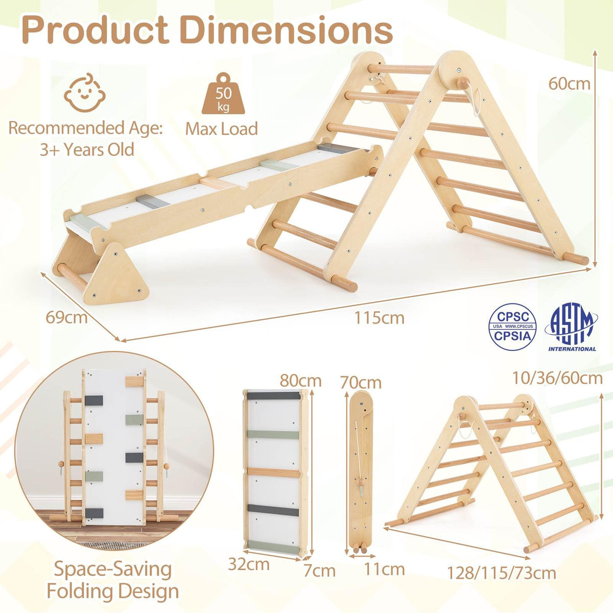 3-in-1 Pikler Triangle Climbing Set with Dual-Side Ramp and Adjustable Climbing Triangle