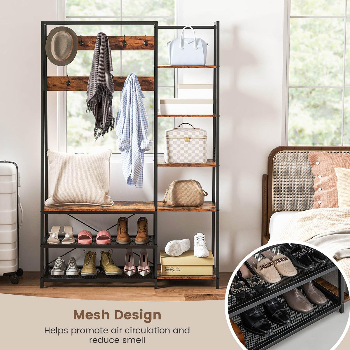 Hall Tree with Storage Bench with 9 Hooks 5 Side Shelves and 2 Mesh Shelves